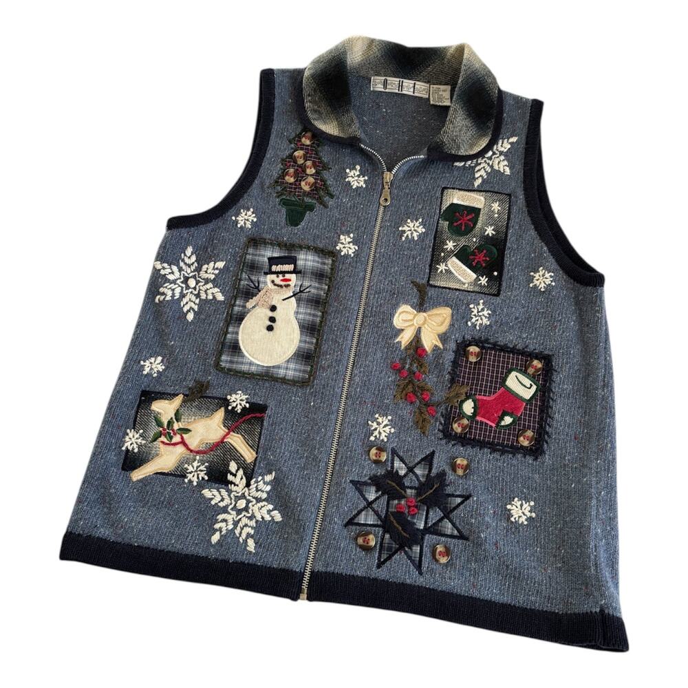 Vintage OHI Ugly Christmas Sweater Vest Patchwork Granny Cottage Womens Medium